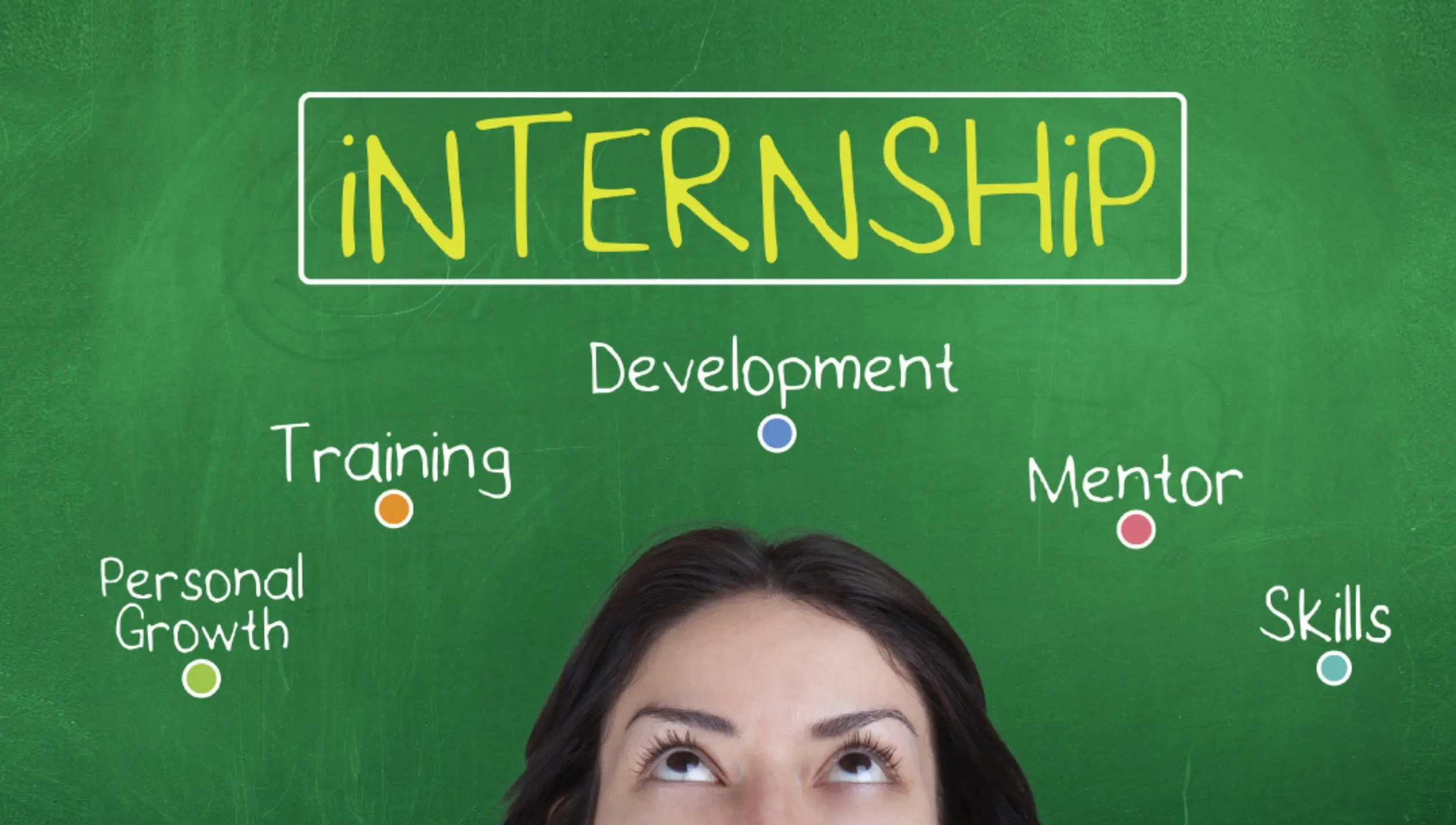 Young woman looking up at green chalkboard with Internship written in yellow, surrounded by keywords Development, Training, Mentor, Skills, Personal Growth — hospitality internship concept illustration