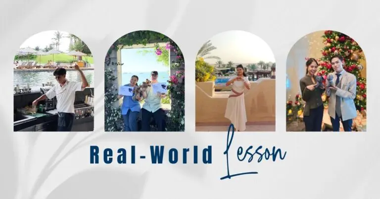 คำอธิบายภาพ: "ภาพตัดต่อจากภาพถ่ายสี่ภาพที่แสดงถึงประสบการณ์ที่หลากหลาย: คนกำลังทำอาหารกลางแจ้ง, คนสองคนถือใบประกาศนียบัตร, ผู้หญิงในชุดเดรสอยู่ข้างราวบันได และคู่รักที่กำลังเฉลิมฉลองเทศกาลคริสต์มาสข้างต้นคริสต์มาส ข้อความเขียนว่า 'บทเรียนจากโลกแห่งความเป็นจริง'"