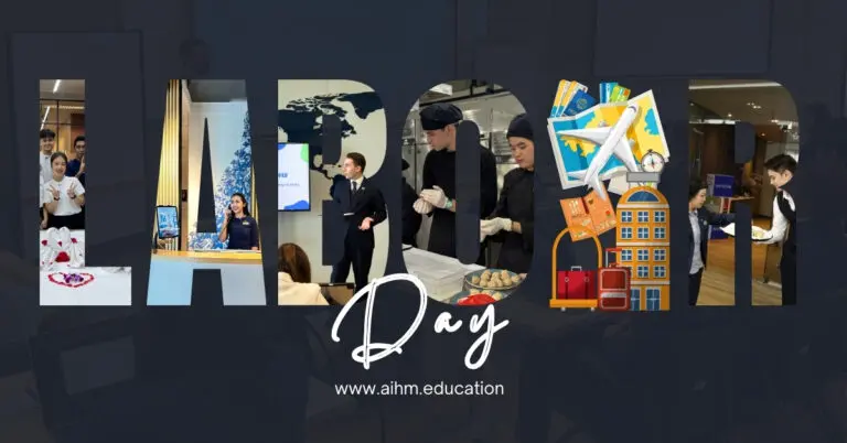 คำอธิบายภาพ: "ภาพตัดปะที่สะกดคำว่า 'LAB Day' โดยใช้ภาพนักศึกษาในกิจกรรมด้านการโรงแรมและการท่องเที่ยว คำสำคัญ เช่น การทำอาหาร การนำเสนอ แผนที่ และการทำงานเป็นทีม ปรากฏอยู่ในภาพ โทนของภาพเป็นแบบให้ความรู้และเป็นมืออาชีพ มีลิงก์เว็บไซต์ 'www.aihm.ac.th' รวมอยู่ด้วย"