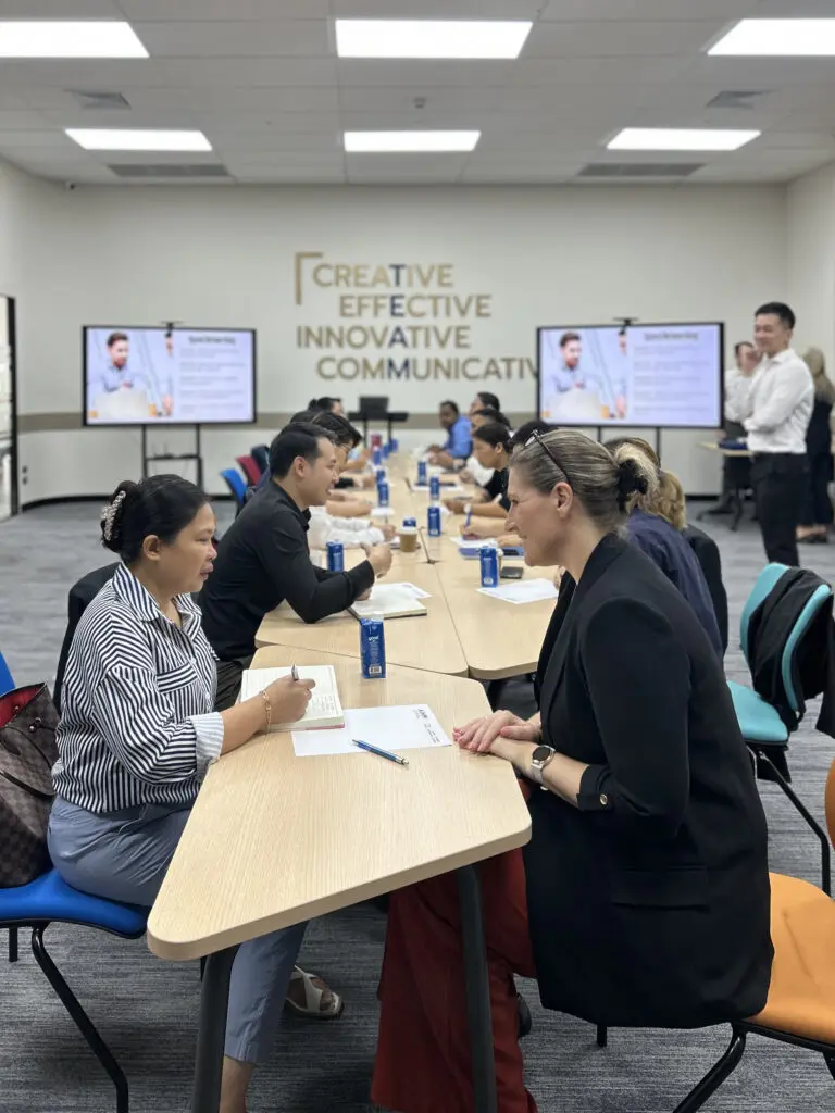 Hospitality professionals taking part in an AIHM executive education Train the Trainer workshop, engaging in structured upskilling activities that strengthen communication, leadership, and real-world service performance.