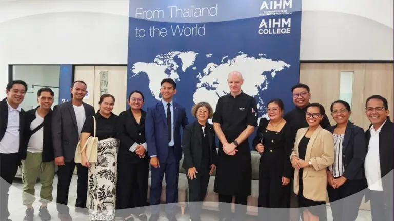 BISU Tourism and Hospitality Management faculty with AIHM leadership during an international immersion programme in Bangkok, strengthening global academic collaboration in hospitality education.