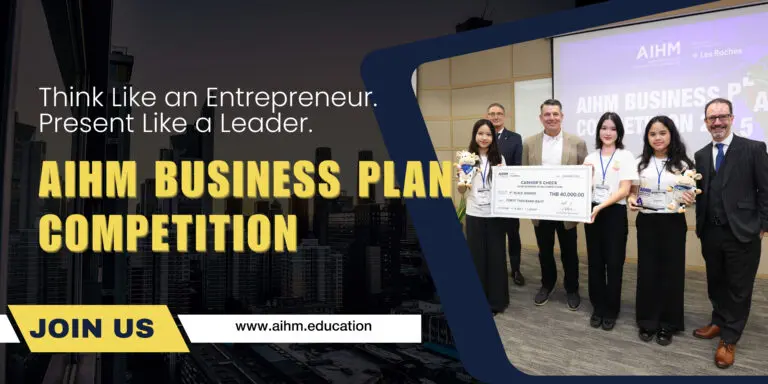 AIHM Business Plan Competition winners presenting their startup pitch, showcasing entrepreneurship, leadership and innovation at AIHM Bangkok with industry judges and academic partners.