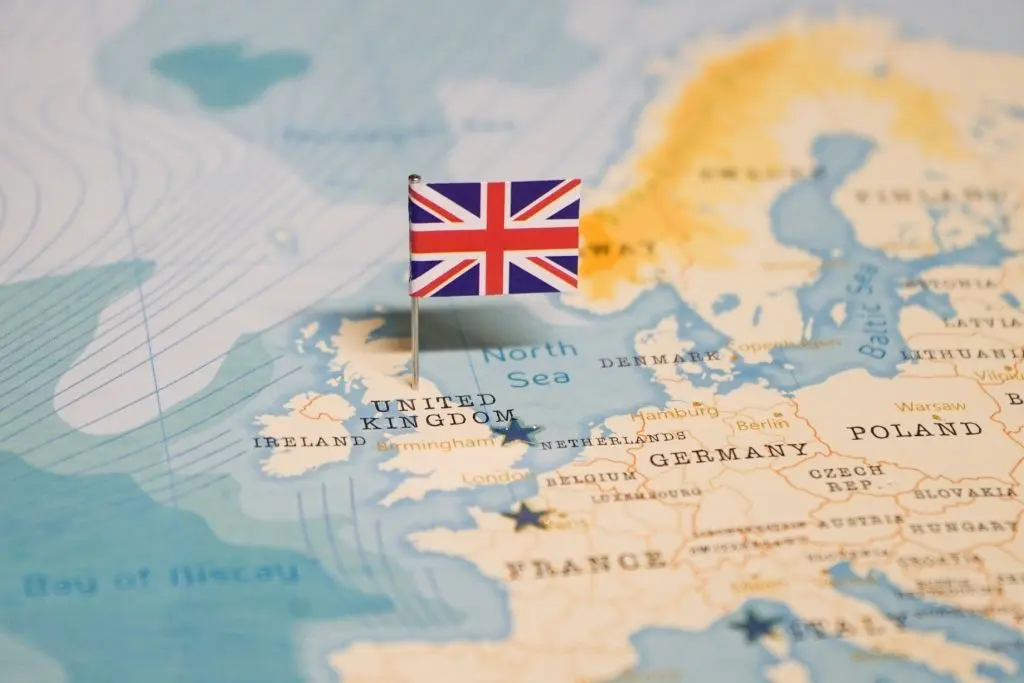 United Kingdom map highlighting NCUK university pathways for students at AIHM College in Thailand.