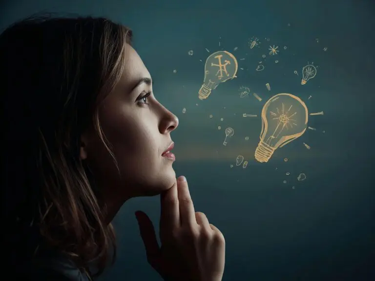 Young woman reflecting on future career possibilities with glowing lightbulb ideas symbolising clarity and inspiration.