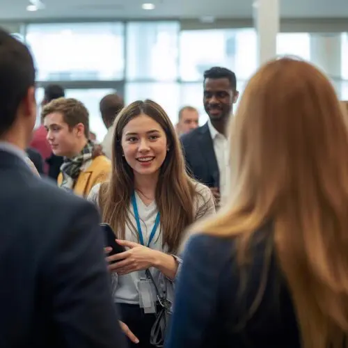 Young professional confidently sharing her career goals while networking at an industry event.