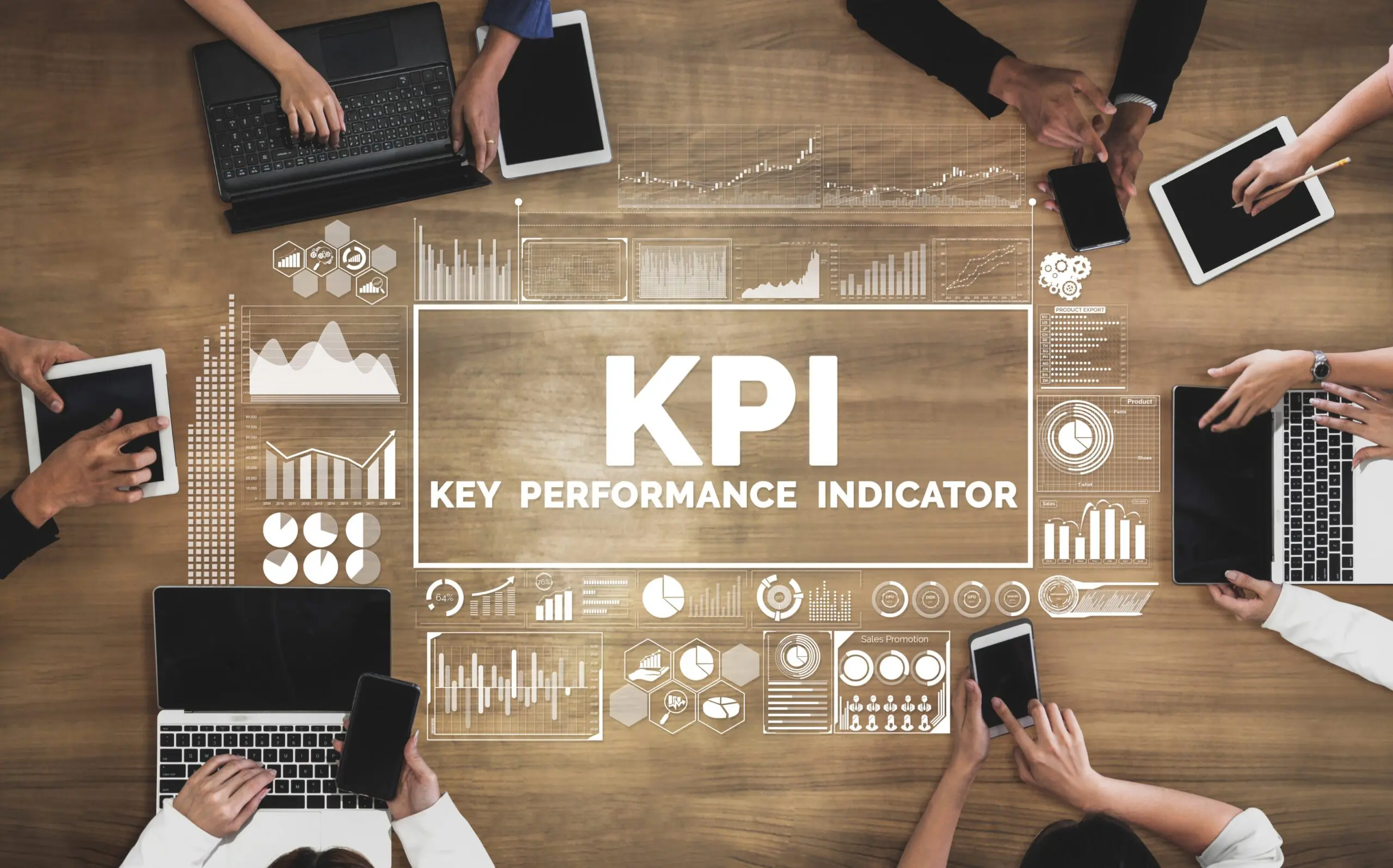 Goal setting and KPIs in hospitality with performance dashboards, data analytics, and team collaboration, highlighting strategy, measurement, and leadership for future hospitality managers