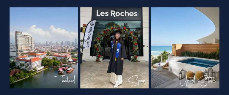 Global hospitality student journey showing AIHM Bangkok, Les Roches Marbella in Spain, and an international luxury hospitality career pathway in the United States.