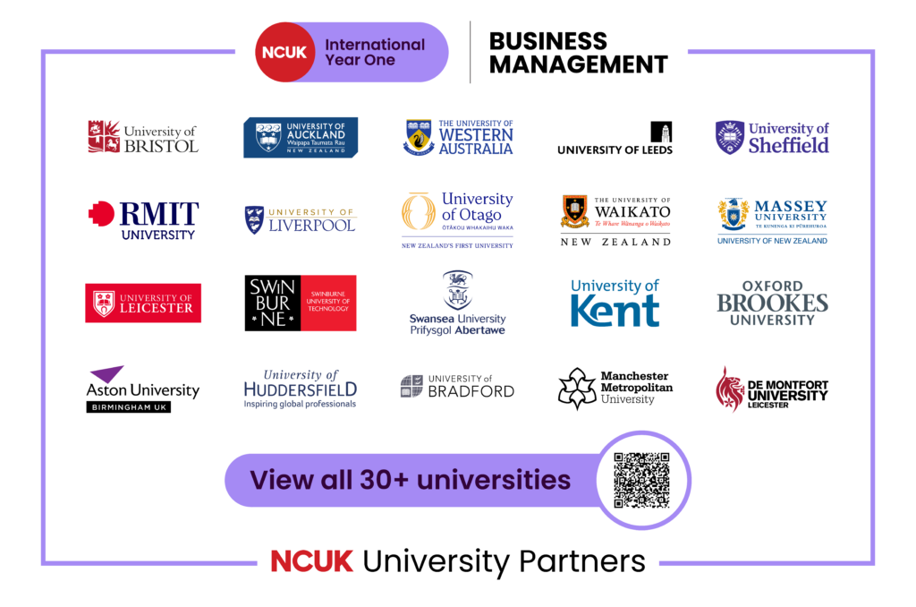 NCUK International Year One Business Management partner universities where students from AIHM College Bangkok may progress to Year 2 of undergraduate degrees abroad.