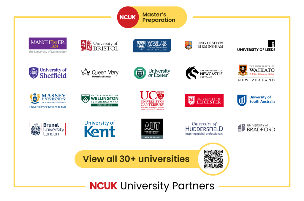 NCUK Master’s Preparation pathway showing partner universities where students may progress after completing postgraduate preparation programmes at AIHM College Bangkok.