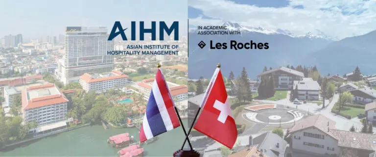 AIHM Bangkok in academic association with Les Roches, showcasing Thailand and Switzerland campuses with flags, representing global hospitality education and Swiss style learning