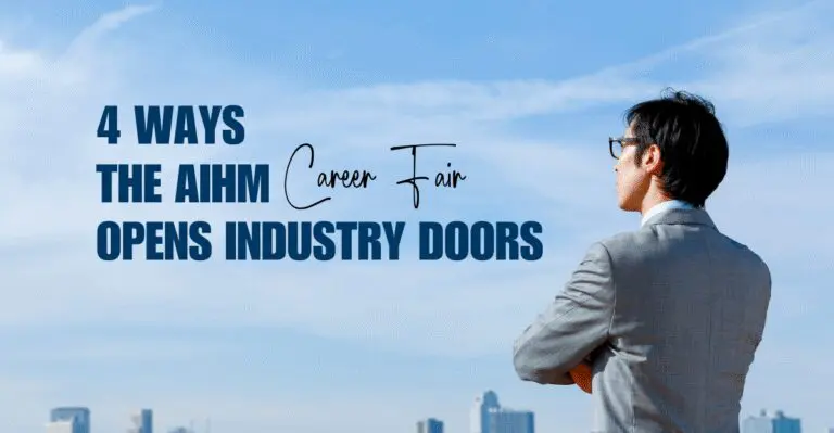 AIHM Career Fair blog graphic titled 4 Ways the AIHM Career Fair Opens Industry Doors, businessman overlooking a city skyline