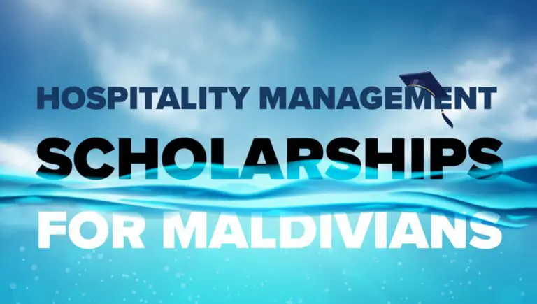 AIHM graphic reading Hospitality Management Scholarships for Maldivians over an ocean and sky backdrop, promoting the institute's scholarship program