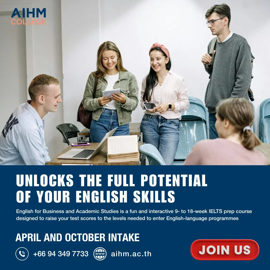 AIHM College students studying with laptop in classroom, English for Business and Academic Studies EBAS, IELTS prep course Bangkok, April and October intake