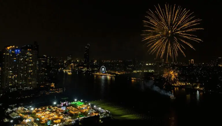 Fireworks over the Chao Phraya River and the illuminated Bangkok Riverside Fest grounds, where AIHM students gained hospitality event experience