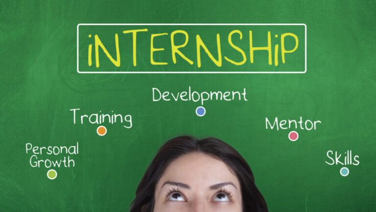 Young woman looking up at green chalkboard with Internship written in yellow, surrounded by keywords Development, Training, Mentor, Skills, Personal Growth — hospitality internship concept illustration