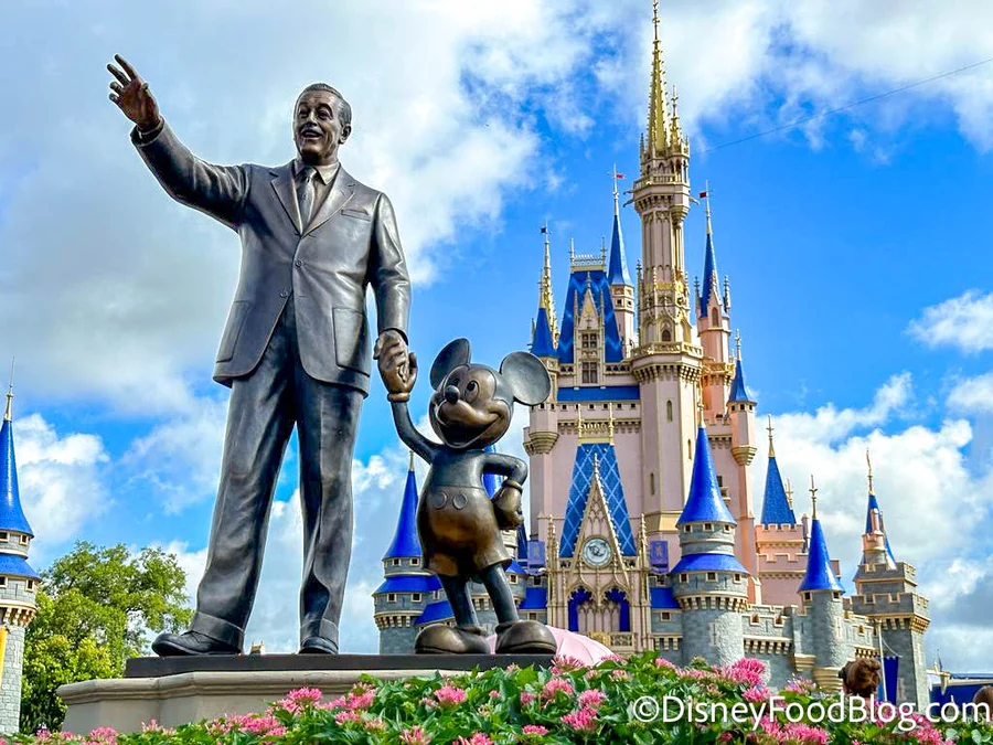 wdw 2023 mk magic kingdom partners statue walt disney mickey mouse cinderella castle stock