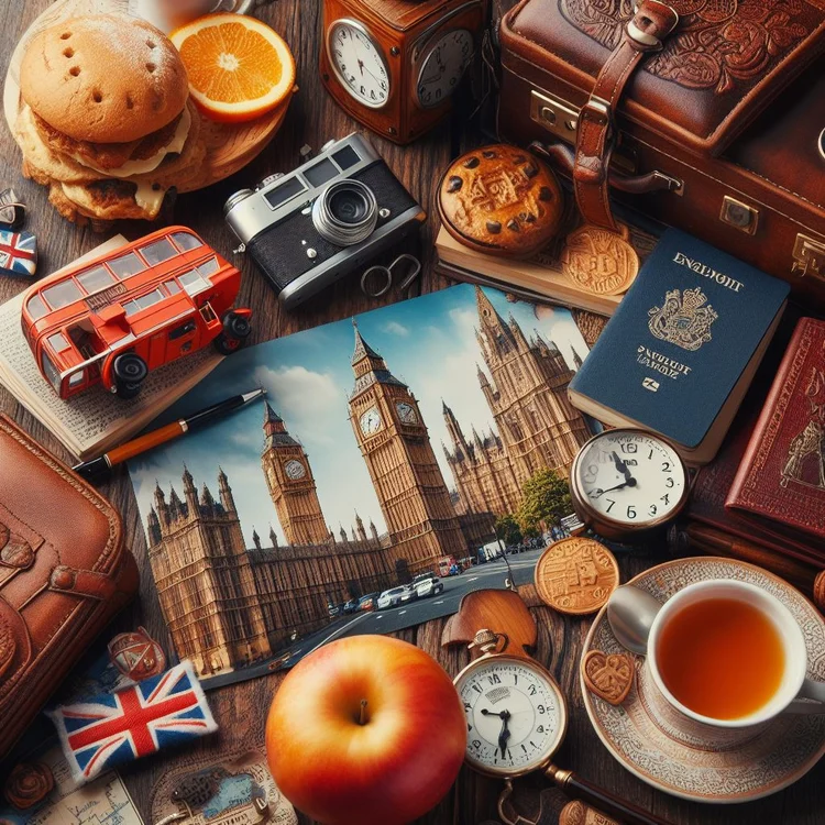 British travel flat lay with Big Ben postcard and tea, blog illustration