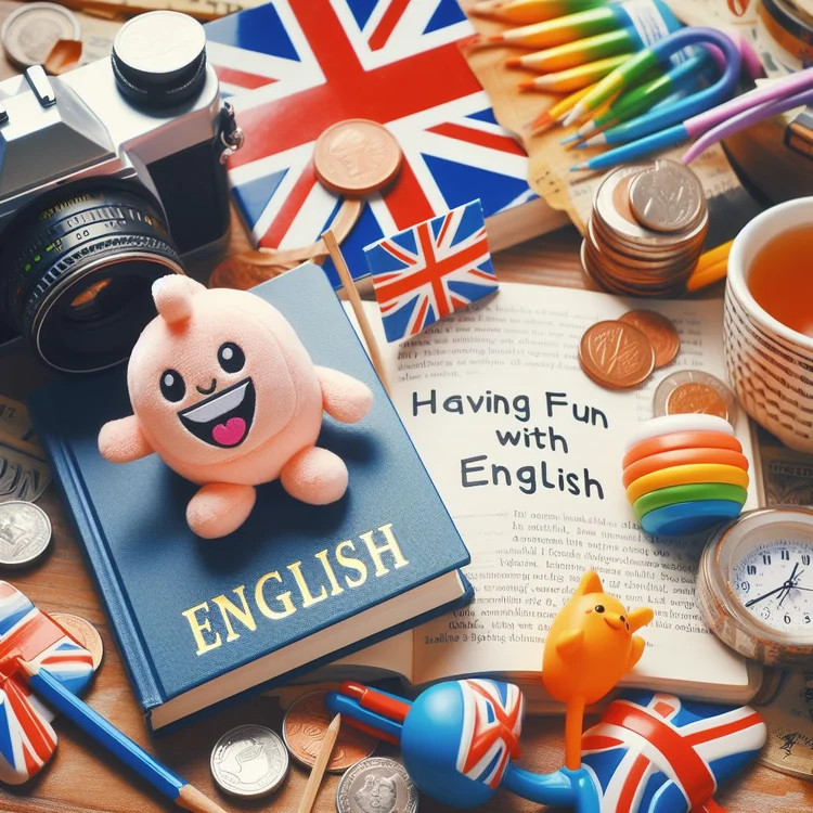 English textbook and British flags flat lay, Having Fun with English blog