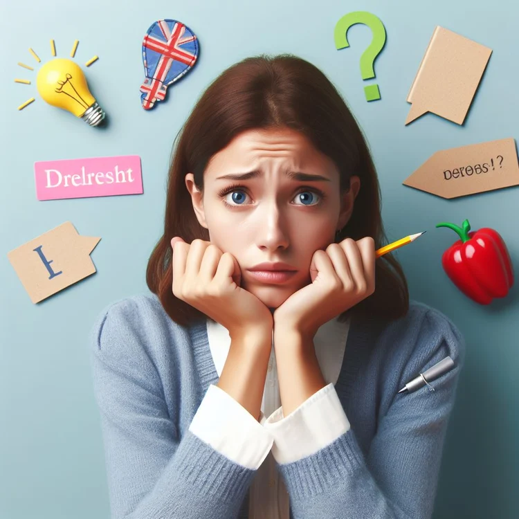 Frustrated woman surrounded by confusing English symbols, illustrating language learning struggle