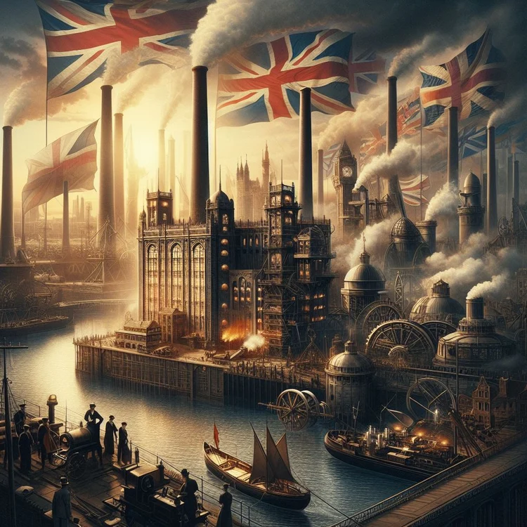 Industrial cityscape with British flags, English heritage blog illustration