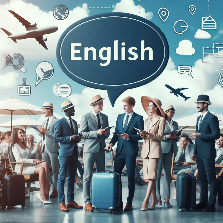 Travelers at airport with English speech bubble, illustrating travel language blog