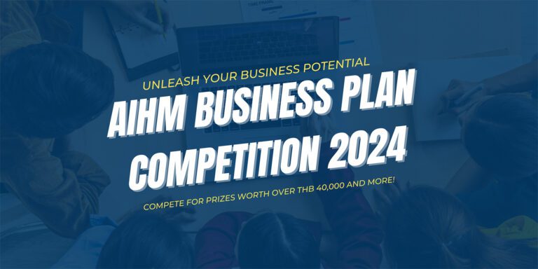 Alt text: "Promotional image for AIHM Business Plan Competition 2024, highlighting prizes worth over THB 40,000. Background shows people collaborating around a laptop."