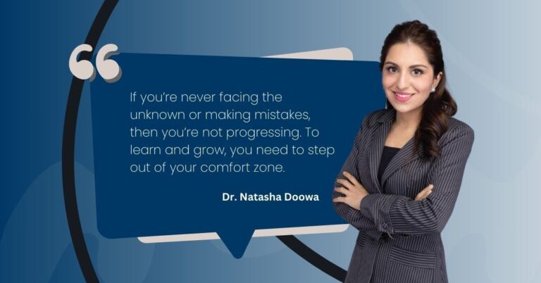 Dr. Natasha, A woman in a suit stands confidently with arms crossed, next to a quote about growth through challenges on a blue background. The tone is motivational.