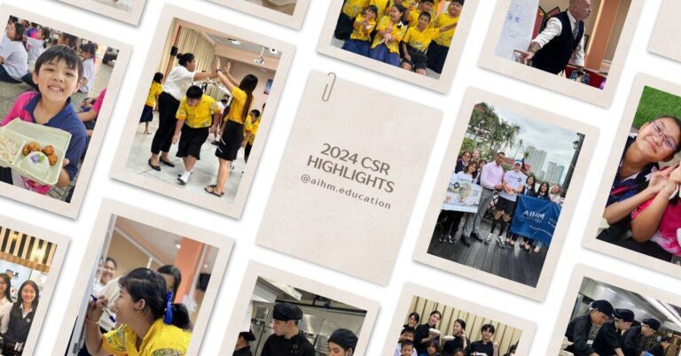 A collage of joyful moments from a 2024 CSR program features children, activities, and adults working together. It includes dancing, cooking, and group photos outdoors. In the center, a note reads "2024 CSR Highlights @aihm.education." The mood is lively and collaborative.