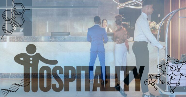 Hotel reception scene with people checking in. The word "Hospitality" overlays the image with abstract tech designs, suggesting modern service.