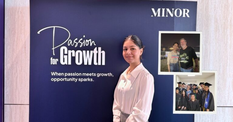 A woman stands smiling in front of a "Passion for Growth" sign. Insets show her with a man outdoors and a group in graduation attire, conveying achievement.