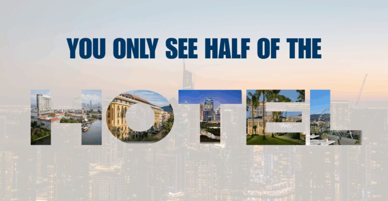 Text reads "YOU ONLY SEE HALF OF THE HOTEL" with each letter of "HOTEL" filled with images of urban landscapes. Background: city skyline at dusk.