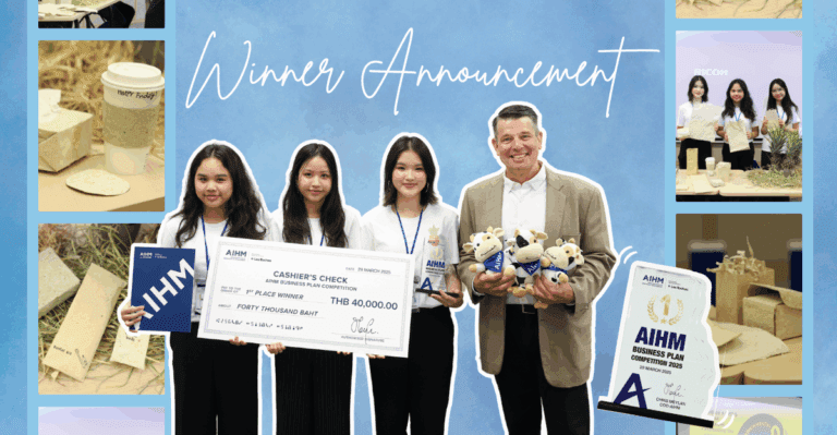 A group of three young women and a man smile while holding a large check for 40,000 THB and stuffed toys. "Winner Announcement" is written above them.