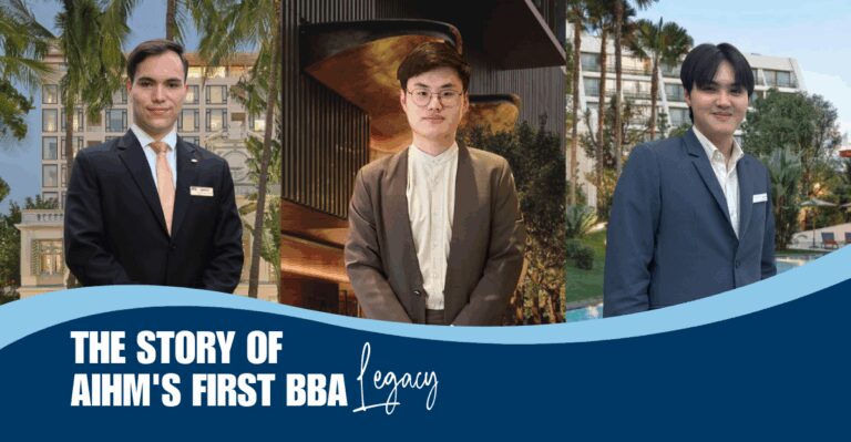 Three individuals in formal attire stand in different scenic backgrounds. Text reads "The Story of AIHM's First BBA Legacy." Professional and proud tone.