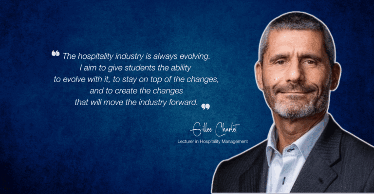 Portrait of a man in a suit on a blue background. A quote about evolving the hospitality industry is next to him. Text includes "Lecturer in Hospitality Management."