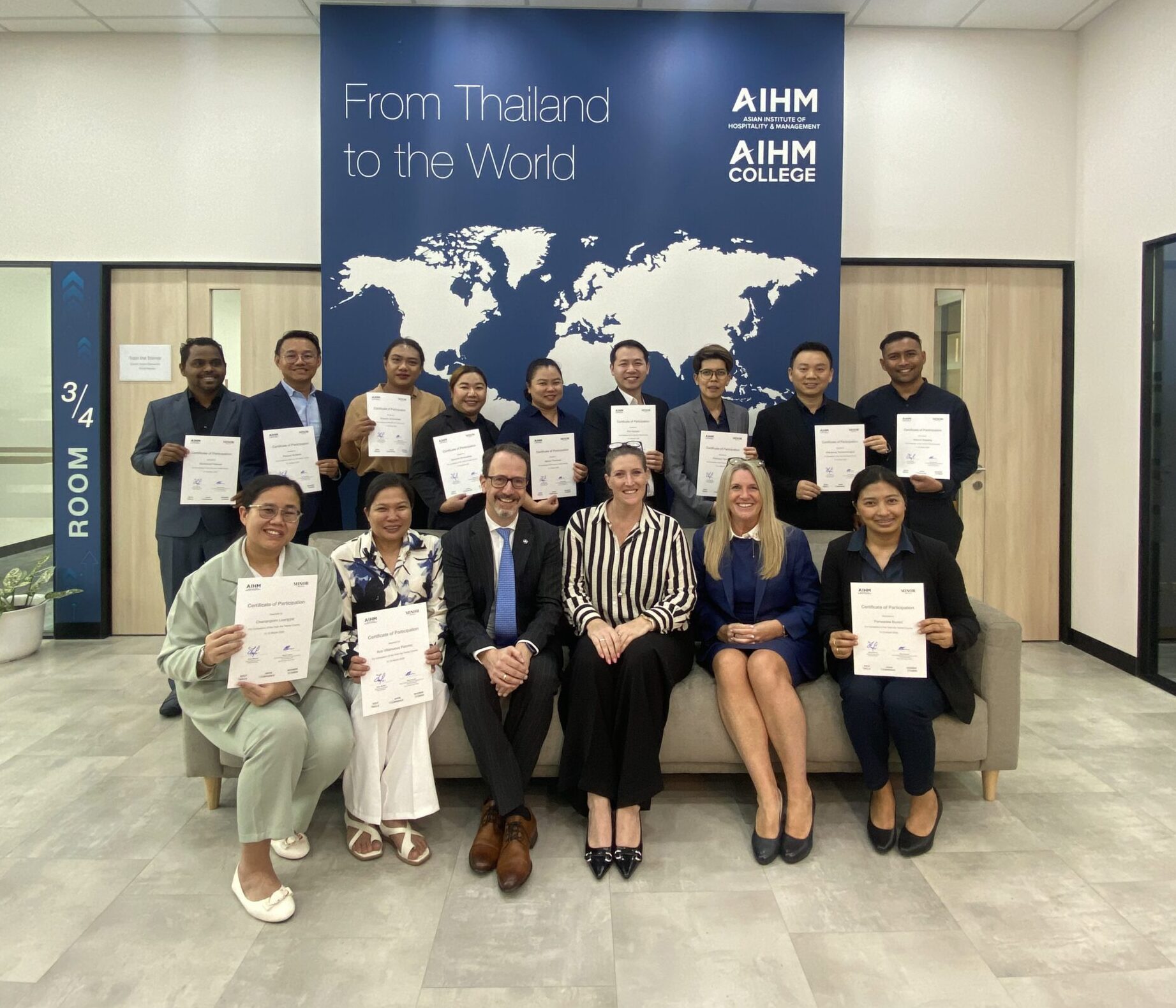 AIHM Train the Trainer programme for Minor Hotels Group, featuring hospitality professionals receiving certificates after completing leadership, coaching, and skills-development training in Bangkok.