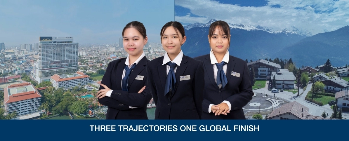 AIHM hospitality management students representing three study pathways with global transfer opportunity to Les Roches, Switzerland, for international career success
