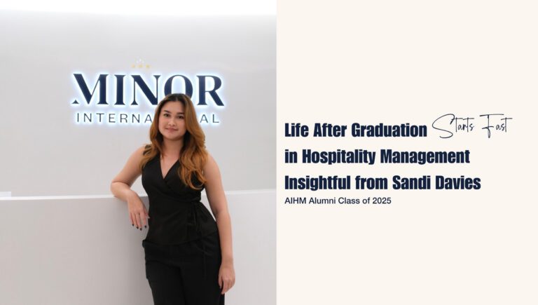 Young hospitality management graduate Sandi Davies standing confidently at the Minor International office, sharing insights into life after graduation and her hotel management traineeship journey through AIHM
