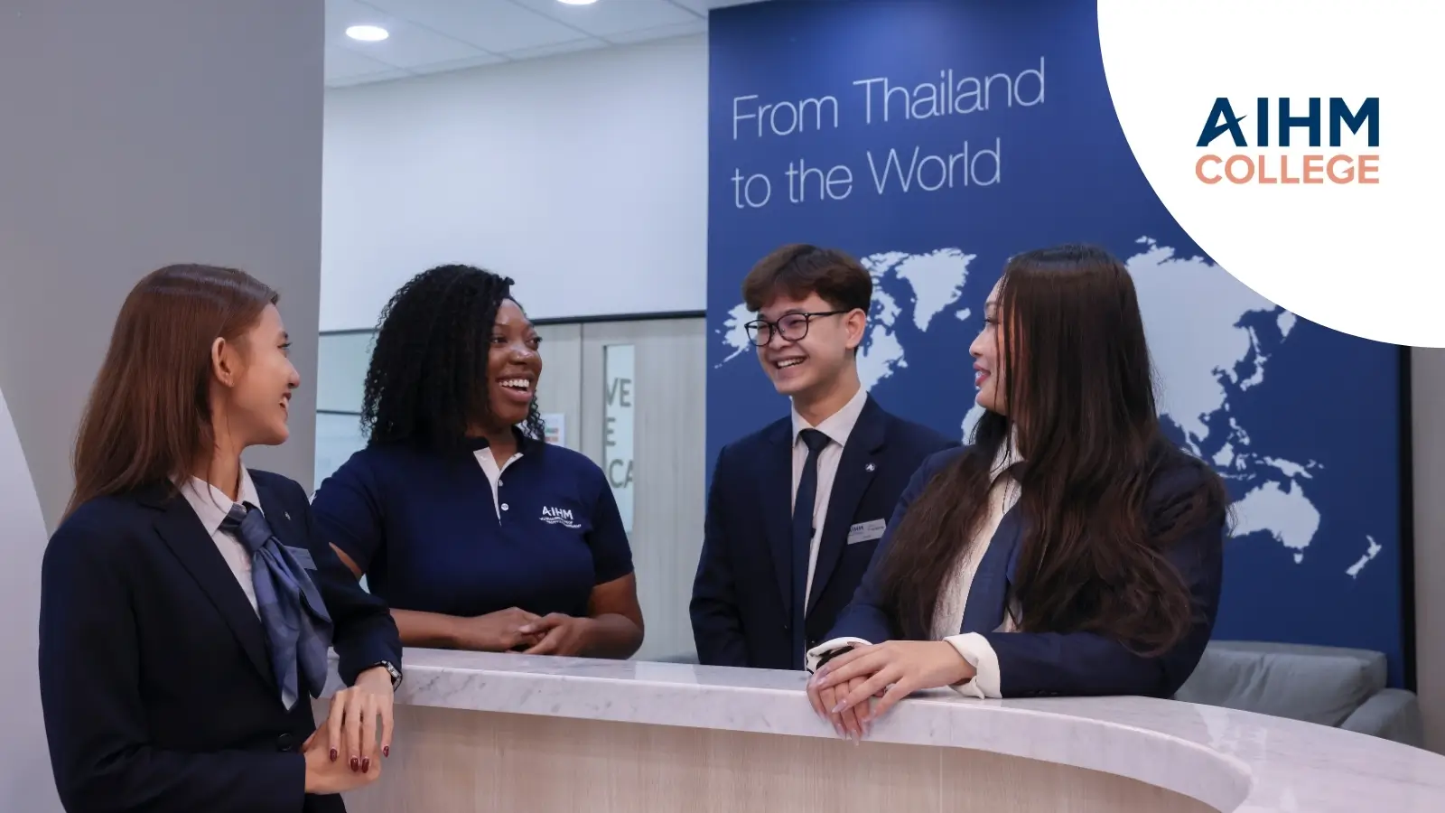 AIHM College students from diverse backgrounds interacting on campus in Bangkok, representing international student life and global learning environment