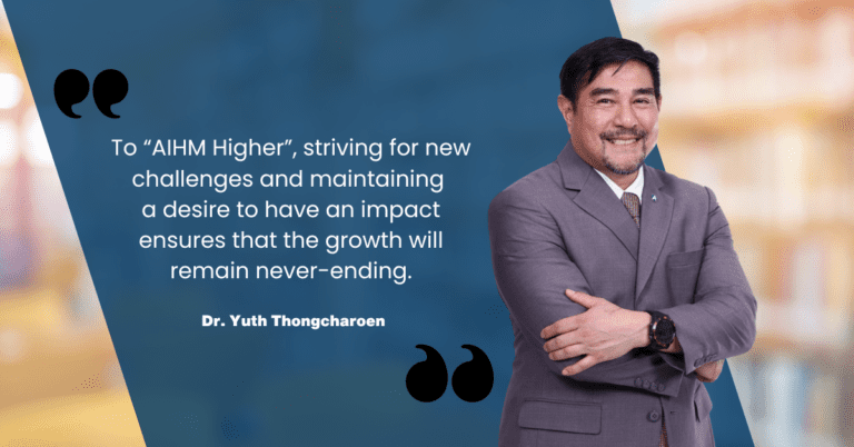 (Inspirational quote graphic) AIHM faculty member Dr. Yuth Thongcharoen quote on striving for new challenges and continuous growth in hospitality education and leadership.