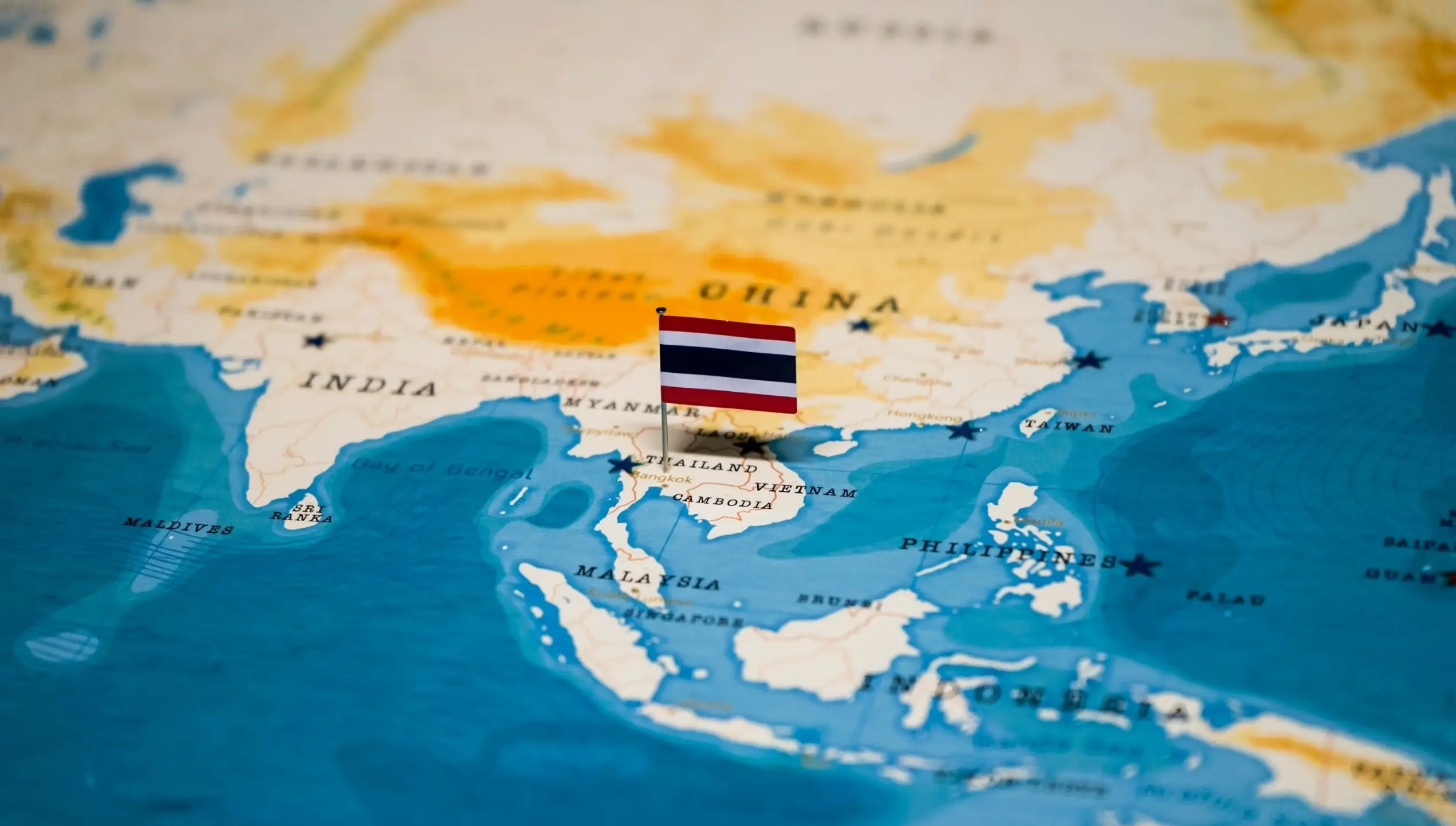 Map showing Thailand's location in Asia, highlighting AIHM as a Swiss hospitality education school in Bangkok