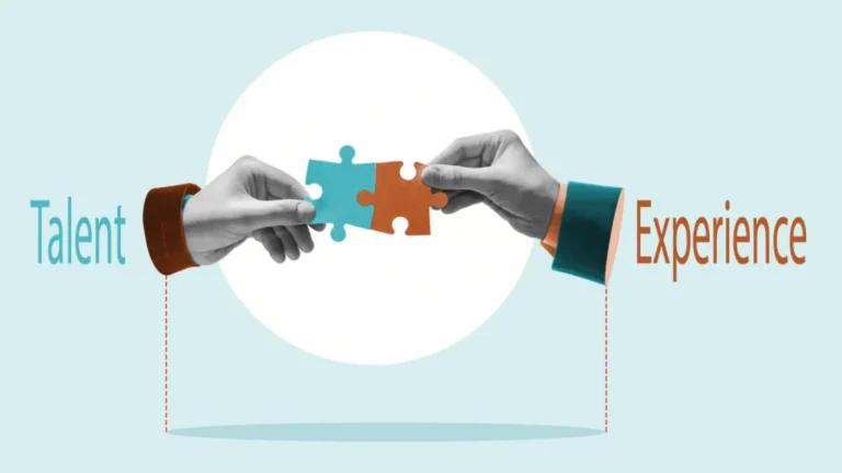 Hands connect puzzle pieces labeled Talent and Experience for hospitality blog illustration