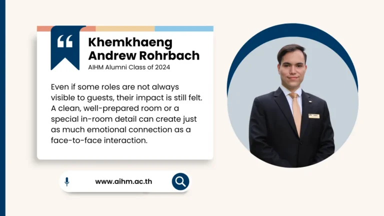 Testimonial quote card for AIHM alumnus Khemkhaeng Andrew Rohrbach, Class of 2024