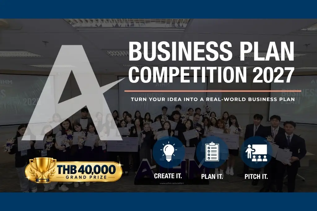 AIHM Business Plan Competition 2027 promotional banner highlighting a THB 40,000 grand prize for innovative hospitality business ideas