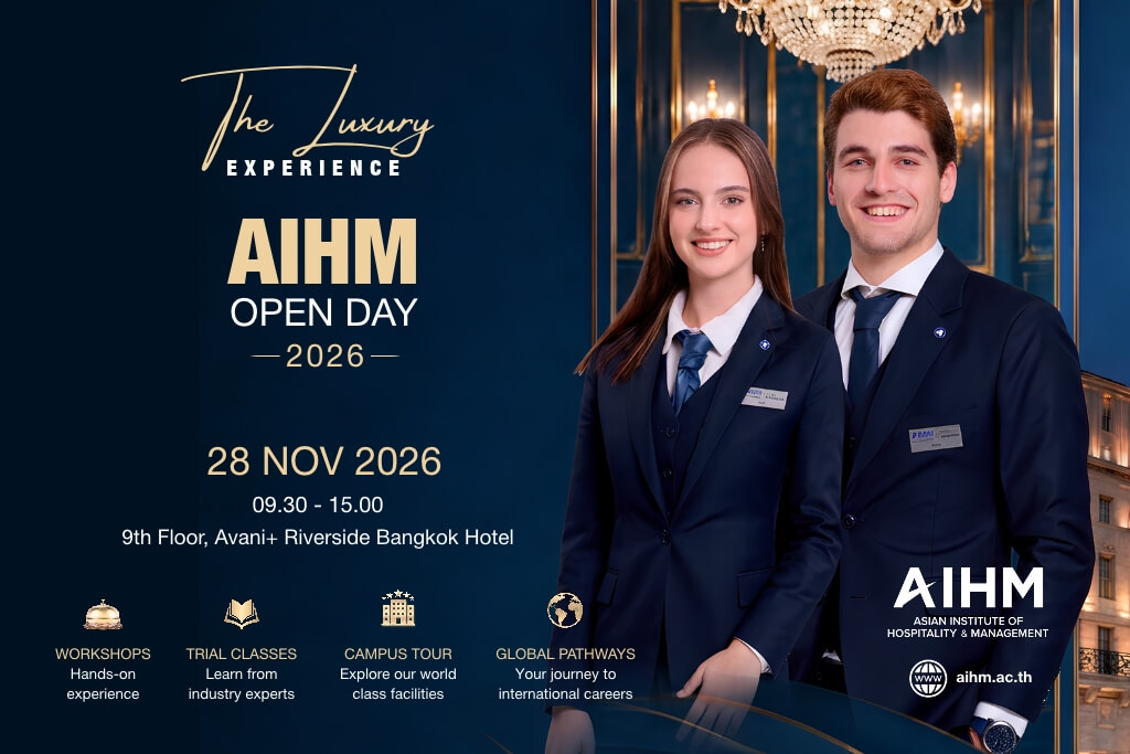 AIHM Open Day 2026 event banner featuring two hospitality students in navy uniforms, promoting luxury hospitality education, workshops, trial classes and campus tours in Bangkok on 28 November 2026.