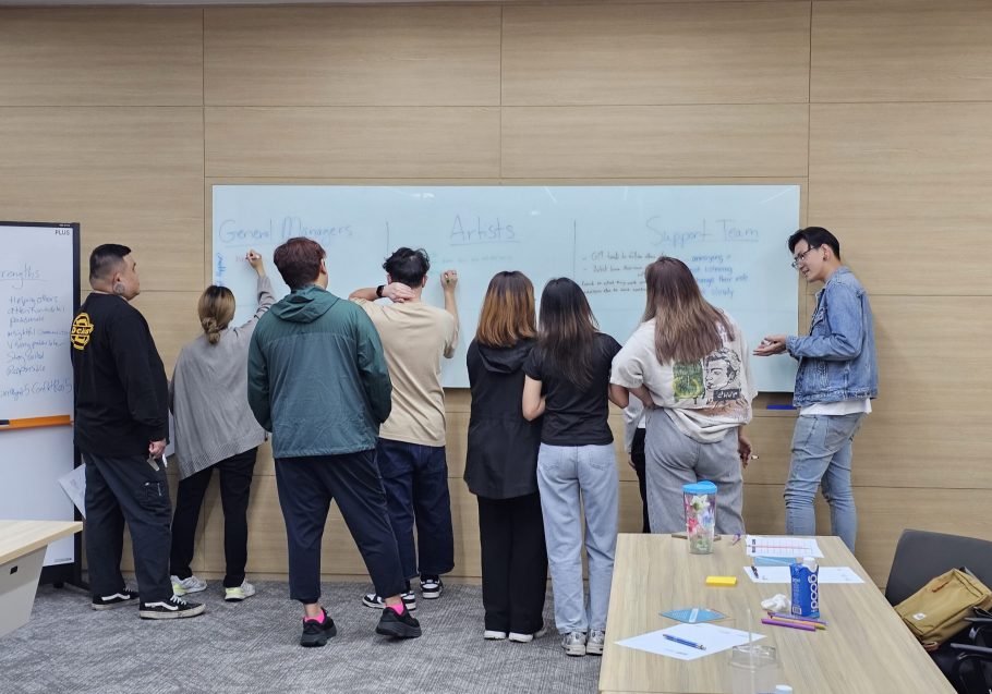 AIHM Executive Education participants collaborating in an Agile training workshop, using brainstorming and team-based problem-solving to build leadership, communication, and workplace skills.